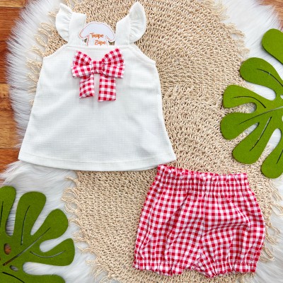 Conj. Regata com Laço e Short Xadrez - Vermelho e Off White